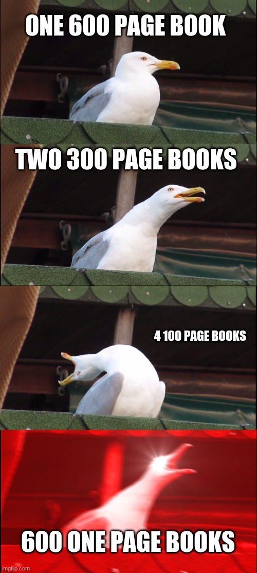 600 page book | ONE 600 PAGE BOOK; TWO 300 PAGE BOOKS; 4 100 PAGE BOOKS; 600 ONE PAGE BOOKS | image tagged in memes,inhaling seagull | made w/ Imgflip meme maker