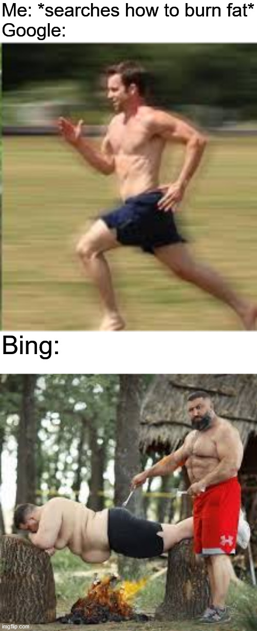 That's... One way to lose weight... | Me: *searches how to burn fat*
Google:; Bing: | image tagged in memes,funny,google,bing,excercise,fat | made w/ Imgflip meme maker