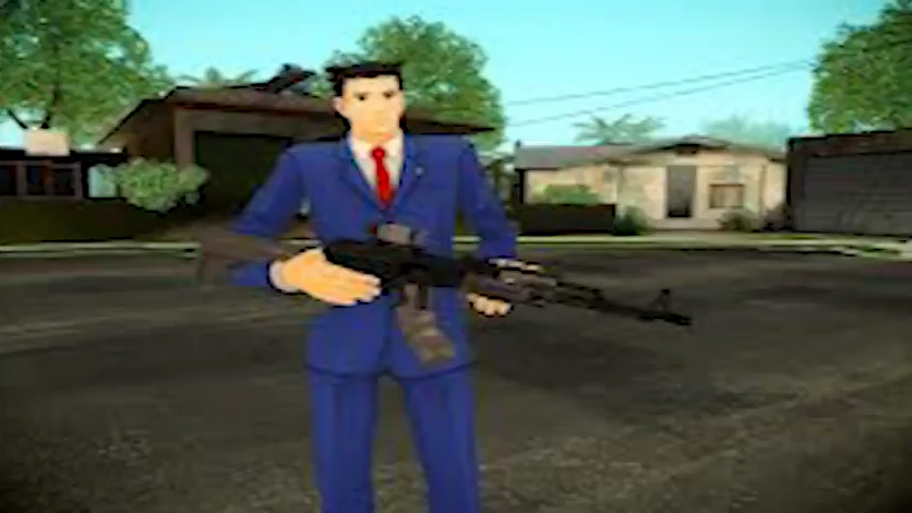 Guy wearing blue suit with gun Blank Meme Template