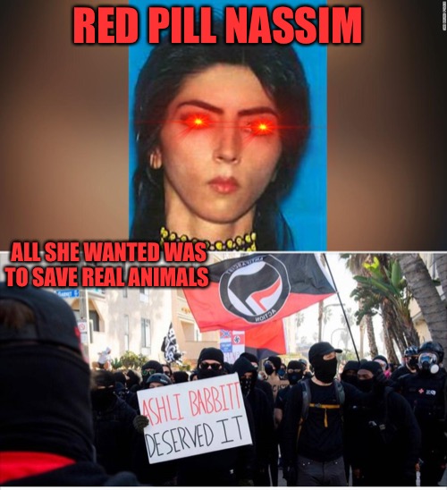 The PILL | RED PILL NASSIM; ALL SHE WANTED WAS TO SAVE REAL ANIMALS | image tagged in red pill nassim,red pill,pills,censorship,memes,youtubers | made w/ Imgflip meme maker
