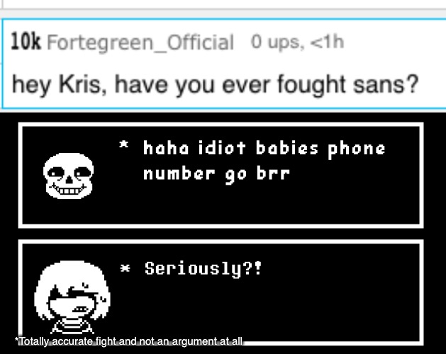 he hasn't -Ralsei | *Totally accurate fight and not an argument at all | image tagged in deltarune,undertale,memes,ask kris,sans undertale,kris | made w/ Imgflip meme maker