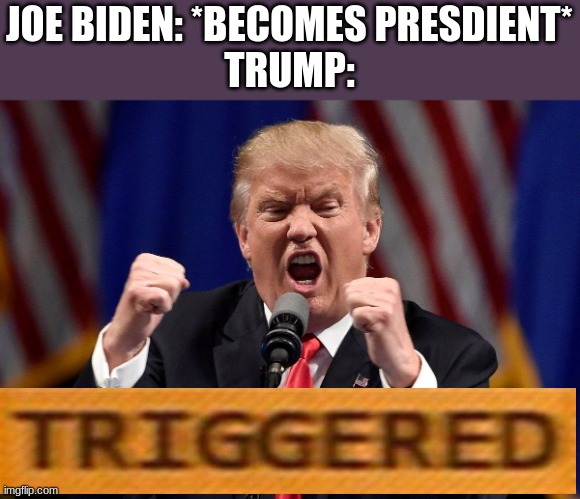 Donald trump must be sooo mad | JOE BIDEN: *BECOMES PRESDIENT*
TRUMP: | image tagged in angry donald trump | made w/ Imgflip meme maker
