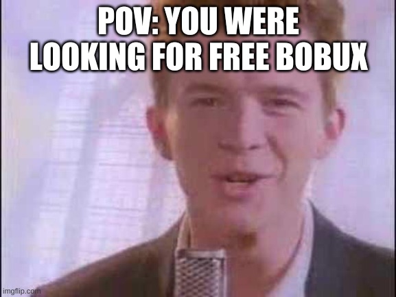 lel | POV: YOU WERE LOOKING FOR FREE BOBUX | image tagged in memes,funny,rick roll,rick astley,never gonna give you up,bobux | made w/ Imgflip meme maker