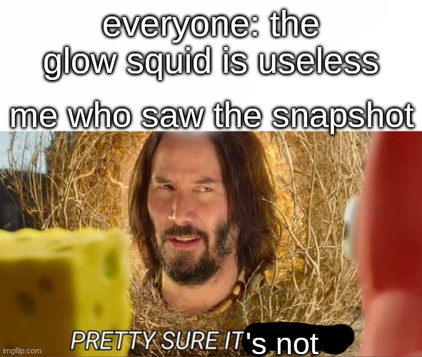 21w03a | everyone: the glow squid is useless; me who saw the snapshot; 's not | image tagged in im pretty sure it doesnt,minecraft | made w/ Imgflip meme maker