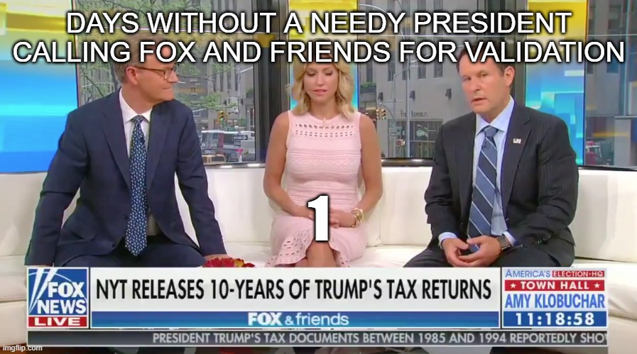No more needy Presidents | DAYS WITHOUT A NEEDY PRESIDENT



CALLING FOX AND FRIENDS FOR VALIDATION; 1 | image tagged in trump,needy,fox and friends,fox news,awkward | made w/ Imgflip meme maker
