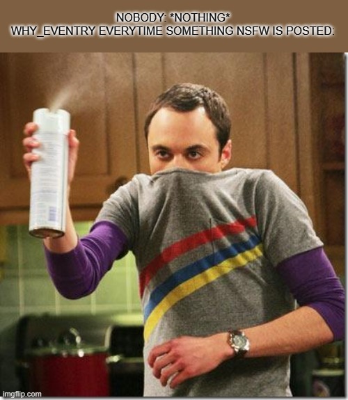 ngl idk why i dont use this template more often | NOBODY: *NOTHING*
WHY_EVENTRY EVERYTIME SOMETHING NSFW IS POSTED: | image tagged in air freshener sheldon cooper | made w/ Imgflip meme maker