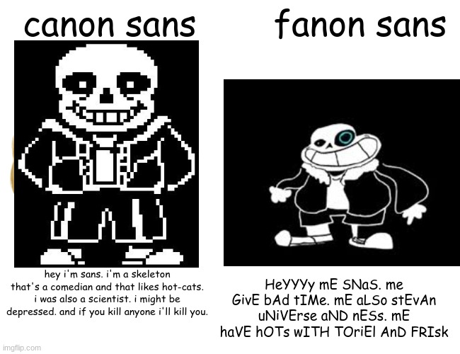canon sans; fanon sans; hey i'm sans. i'm a skeleton that's a comedian and that likes hot-cats. i was also a scientist. i might be depressed. and if you kill anyone i'll kill you. HeYYYy mE SNaS. me GivE bAd tIMe. mE aLSo stEvAn uNiVErse aND nESs. mE haVE hOTs wITH TOriEl AnD FRIsk | image tagged in canon sans,fanon sans,sanesss | made w/ Imgflip meme maker