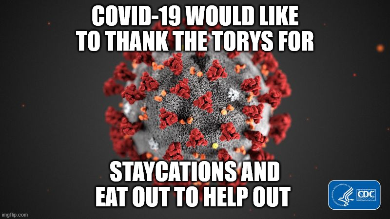 Covid 19 | COVID-19 WOULD LIKE TO THANK THE TORYS FOR; STAYCATIONS AND EAT OUT TO HELP OUT | image tagged in covid 19 | made w/ Imgflip meme maker