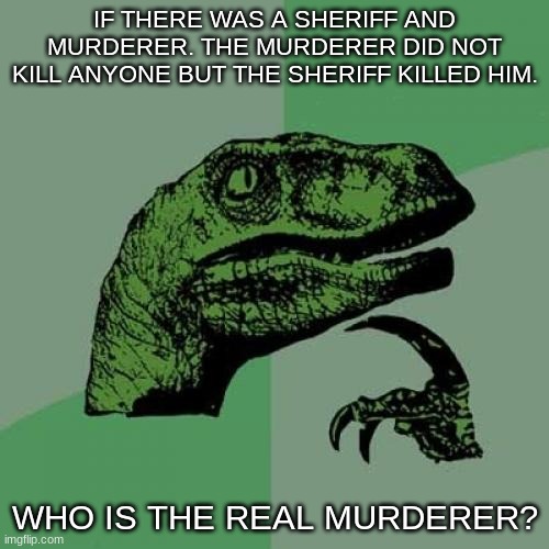 Hmmm | IF THERE WAS A SHERIFF AND MURDERER. THE MURDERER DID NOT KILL ANYONE BUT THE SHERIFF KILLED HIM. WHO IS THE REAL MURDERER? | image tagged in memes,philosoraptor | made w/ Imgflip meme maker
