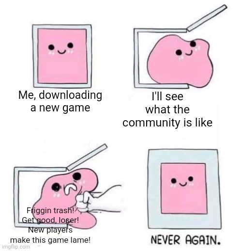 Any and every online shooter nowadays | I'll see what the community is like; Me, downloading a new game; Friggin trash! Get good, loser! New players make this game lame! | image tagged in never again,sad but true,memes | made w/ Imgflip meme maker