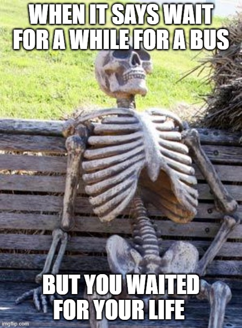 Waiting Skeleton | WHEN IT SAYS WAIT FOR A WHILE FOR A BUS; BUT YOU WAITED FOR YOUR LIFE | image tagged in memes,waiting skeleton | made w/ Imgflip meme maker