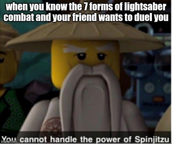 ninjago is the most godlike show | when you know the 7 forms of lightsaber combat and your friend wants to duel you | image tagged in you cannot handle the power of spinjitzu | made w/ Imgflip meme maker
