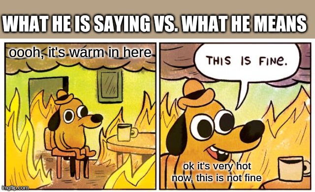 Hot dog | WHAT HE IS SAYING VS. WHAT HE MEANS; oooh, it's warm in here; ok it's very hot now, this is not fine | image tagged in memes,this is fine | made w/ Imgflip meme maker