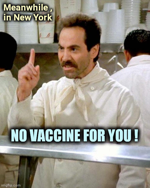 Mismanagement , mismanagement everywhere | Meanwhile , 
in New York; NO VACCINE FOR YOU ! | image tagged in soup nazi,he protec he attac but most importantly,important,well yes but actually no,task failed successfully | made w/ Imgflip meme maker