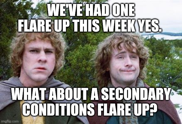 Chronic illness life | WE'VE HAD ONE FLARE UP THIS WEEK YES. WHAT ABOUT A SECONDARY CONDITIONS FLARE UP? | image tagged in second breakfast | made w/ Imgflip meme maker