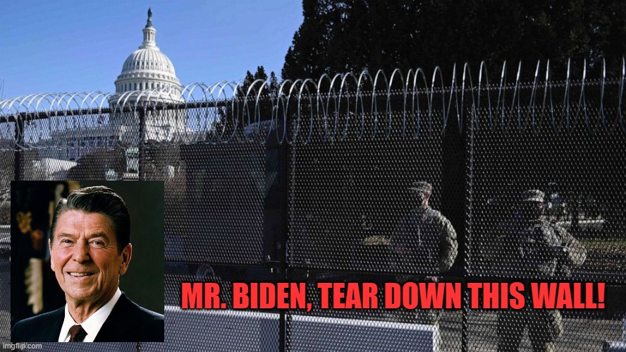 History repeats | MR. BIDEN, TEAR DOWN THIS WALL! | image tagged in capitol fencing wall,biden,wall,reagan | made w/ Imgflip meme maker