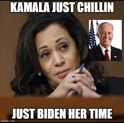 Just "Biden" her time | KAMALA JUST CHILLIN; JUST BIDEN HER TIME | image tagged in kamala harris,joe biden,circus,democrats,'murica | made w/ Imgflip meme maker