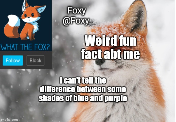 Foxy's announcement template | Weird fun fact abt me; I can't tell the difference between some shades of blue and purple | image tagged in foxy's announcement template | made w/ Imgflip meme maker