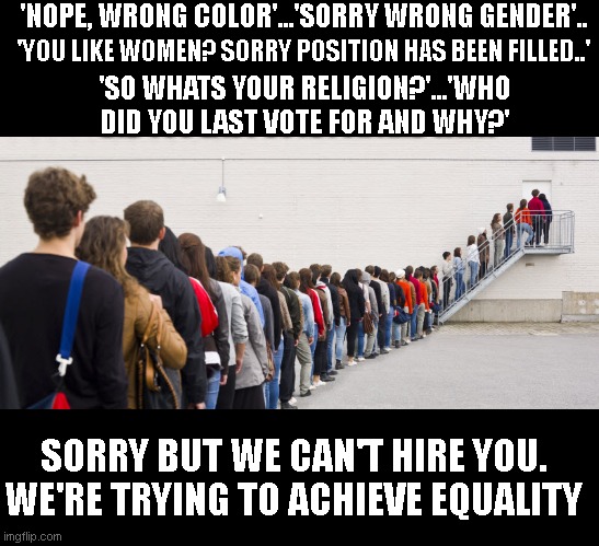 HG HYPE QUEUE |  'NOPE, WRONG COLOR'...'SORRY WRONG GENDER'.. 'YOU LIKE WOMEN? SORRY POSITION HAS BEEN FILLED..'; 'SO WHATS YOUR RELIGION?'...'WHO DID YOU LAST VOTE FOR AND WHY?'; SORRY BUT WE CAN'T HIRE YOU. WE'RE TRYING TO ACHIEVE EQUALITY | image tagged in hg hype queue | made w/ Imgflip meme maker