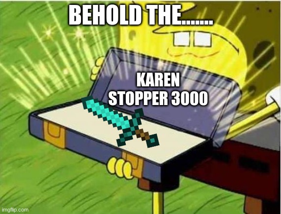 The 2nd Best Karen Stopper | BEHOLD THE....... KAREN STOPPER 3000 | image tagged in spongbob secret weapon | made w/ Imgflip meme maker