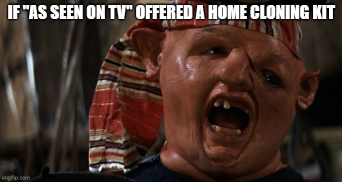 home clone | IF "AS SEEN ON TV" OFFERED A HOME CLONING KIT | image tagged in sloth,goonies,cloning,funny | made w/ Imgflip meme maker