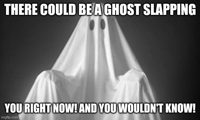 this is true! | THERE COULD BE A GHOST SLAPPING; YOU RIGHT NOW! AND YOU WOULDN'T KNOW! | image tagged in ghost,slapping | made w/ Imgflip meme maker