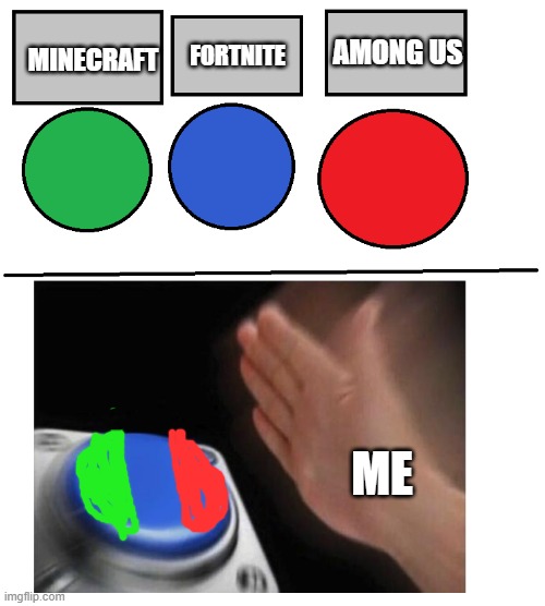 unpopular opinion | AMONG US; FORTNITE; MINECRAFT; ME | image tagged in i will press the blue button | made w/ Imgflip meme maker