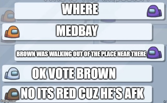 among us chat | WHERE; MEDBAY; BROWN WAS WALKING OUT OF THE PLACE NEAR THERE; OK VOTE BROWN; NO ITS RED CUZ HE'S AFK | image tagged in among us chat | made w/ Imgflip meme maker