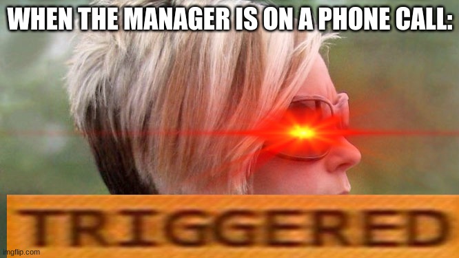karens these days | WHEN THE MANAGER IS ON A PHONE CALL: | image tagged in triggered karen,funny memes | made w/ Imgflip meme maker