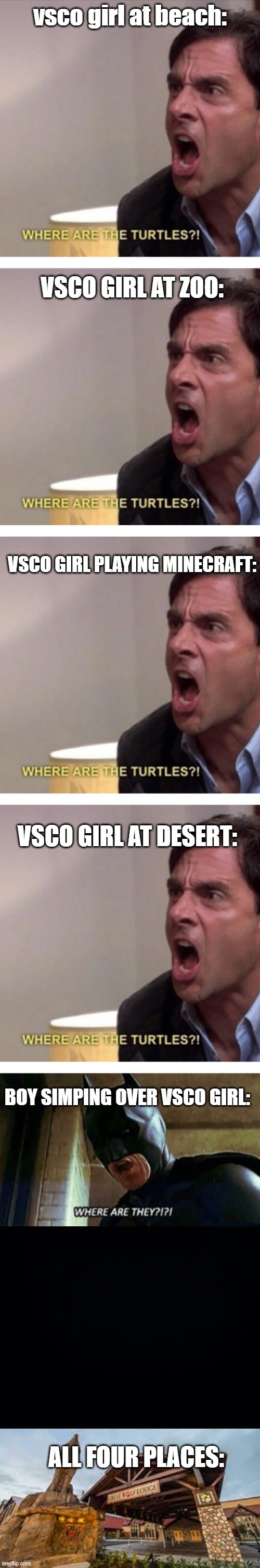 vsco girl at beach |  vsco girl at beach:; VSCO GIRL AT ZOO:; VSCO GIRL PLAYING MINECRAFT:; VSCO GIRL AT DESERT:; BOY SIMPING OVER VSCO GIRL:; ALL FOUR PLACES: | image tagged in where are the turtles,vsco | made w/ Imgflip meme maker