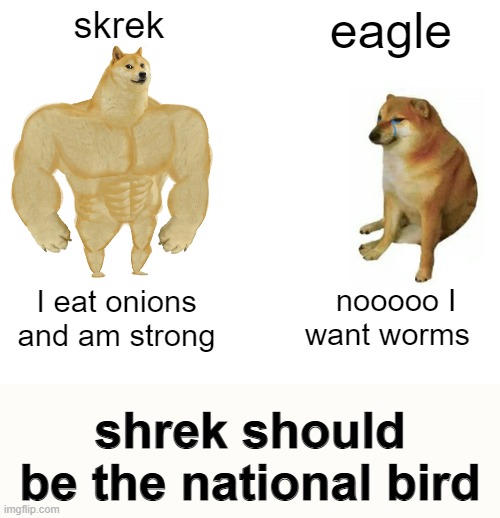 Buff Doge vs. Cheems | skrek; eagle; nooooo I want worms; I eat onions and am strong; shrek should be the national bird | image tagged in memes,shrek,national bird | made w/ Imgflip meme maker