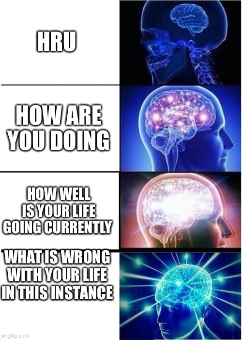 Expanding Brain Meme | HRU; HOW ARE YOU DOING; HOW WELL IS YOUR LIFE GOING CURRENTLY; WHAT IS WRONG WITH YOUR LIFE IN THIS INSTANCE | image tagged in memes,expanding brain | made w/ Imgflip meme maker