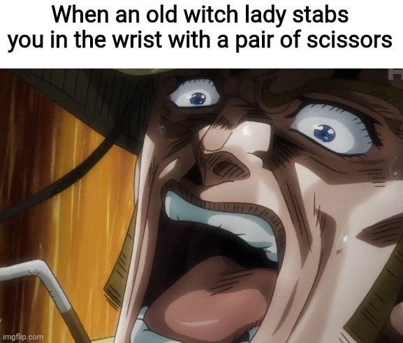 This is totally me when an old witch lady stabs me in the wrist with a pair of scissors | When an old witch lady stabs you in the wrist with a pair of scissors | image tagged in hol horse scream,i can relate,relatable,relatable memes,jojo's bizarre adventure | made w/ Imgflip meme maker