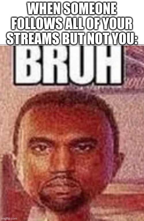 has this happened to anyone else? | WHEN SOMEONE FOLLOWS ALL OF YOUR STREAMS BUT NOT YOU: | image tagged in bruh face | made w/ Imgflip meme maker