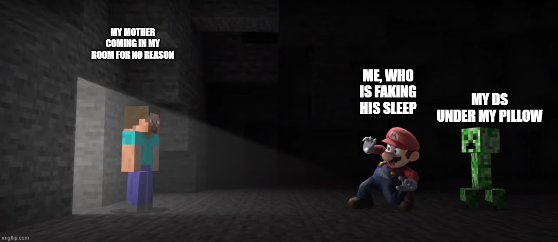 meme of your childhood it would be good in | MY MOTHER COMING IN MY ROOM FOR NO REASON; MY DS UNDER MY PILLOW; ME, WHO IS FAKING HIS SLEEP | image tagged in mario meets steve and creeper | made w/ Imgflip meme maker