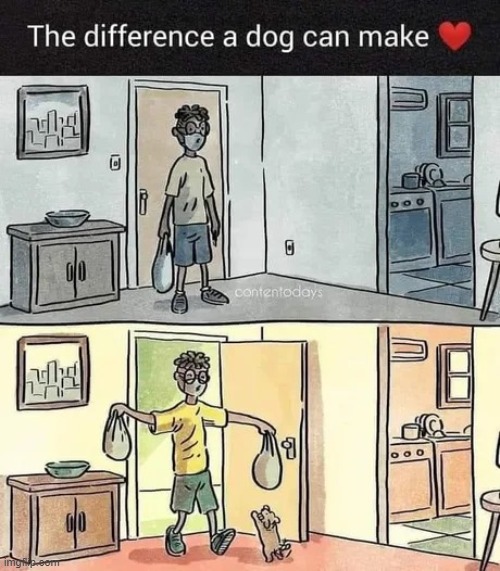 [shameless repost] | image tagged in the difference a dog can make,repost,comics/cartoons,dog,dogs,cartoons | made w/ Imgflip meme maker