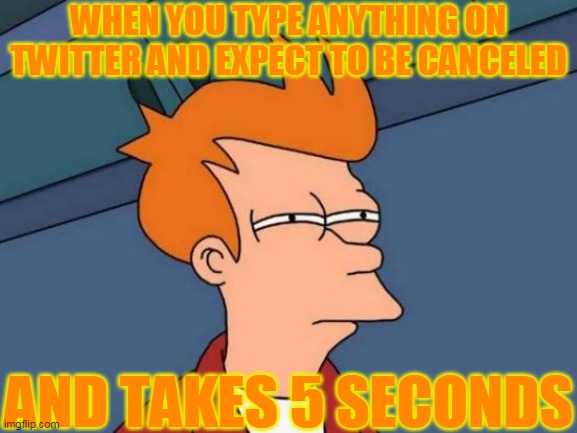 Futurama Fry | WHEN YOU TYPE ANYTHING ON TWITTER AND EXPECT TO BE CANCELED; AND TAKES 5 SECONDS | image tagged in memes,futurama fry | made w/ Imgflip meme maker