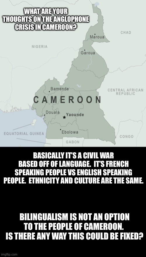 Anglophone crisis! | WHAT ARE YOUR THOUGHTS ON THE ANGLOPHONE CRISIS IN CAMEROON? BASICALLY IT’S A CIVIL WAR BASED OFF OF LANGUAGE.  IT’S FRENCH SPEAKING PEOPLE VS ENGLISH SPEAKING PEOPLE.  ETHNICITY AND CULTURE ARE THE SAME. BILINGUALISM IS NOT AN OPTION TO THE PEOPLE OF CAMEROON.  IS THERE ANY WAY THIS COULD BE FIXED? | image tagged in funny | made w/ Imgflip meme maker