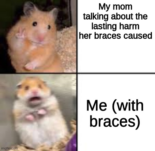 oop i- | My mom talking about the lasting harm her braces caused; Me (with braces) | image tagged in scared hamster | made w/ Imgflip meme maker