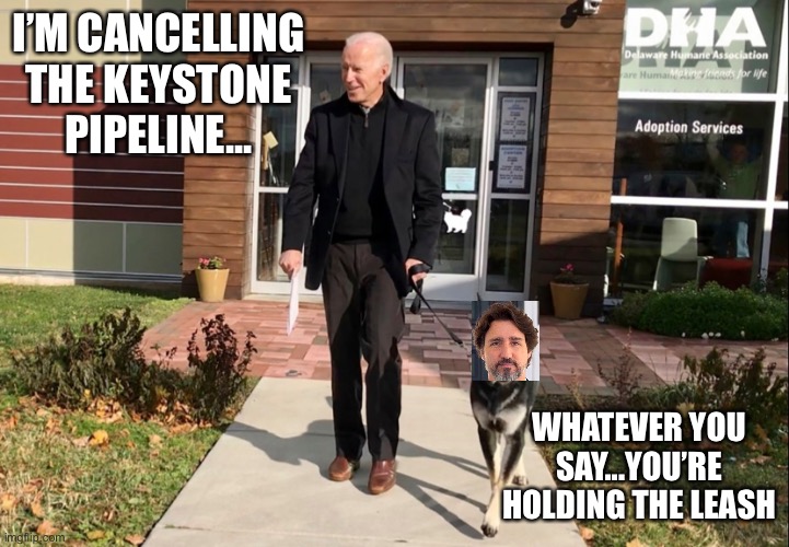 Biden and Trudeau | I’M CANCELLING THE KEYSTONE PIPELINE... WHATEVER YOU SAY...YOU’RE HOLDING THE LEASH | image tagged in joe biden,justin trudeau,pipeline | made w/ Imgflip meme maker