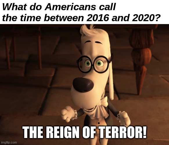 The Reign of Terror | What do Americans call the time between 2016 and 2020? THE REIGN OF TERROR! | image tagged in politics,political meme,political,accurate,funny,funny meme | made w/ Imgflip meme maker