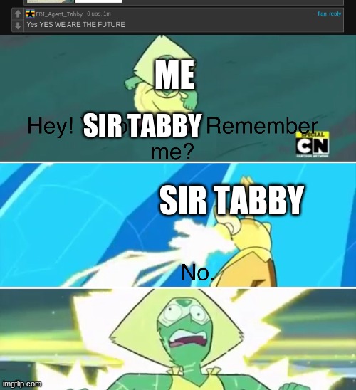 Hello! Do you remember me? You commented on my post a month ago! | ME; SIR TABBY; SIR TABBY | image tagged in hey yellow clod remember me | made w/ Imgflip meme maker