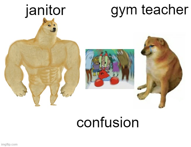 wtf???? | janitor; gym teacher; confusion | image tagged in memes,buff doge vs cheems | made w/ Imgflip meme maker