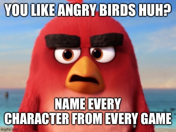 I had to remake it cuz of a typing mistake | YOU LIKE ANGRY BIRDS HUH? NAME EVERY CHARACTER FROM EVERY GAME | image tagged in angry birds | made w/ Imgflip meme maker
