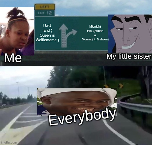 Left Exit 12 Off Ramp | UwU land ( Queen is Wolfiememe ); Midnight isle, (queen is Moonlight_Galaxia); Me; My little sister; Everybody | image tagged in memes,left exit 12 off ramp | made w/ Imgflip meme maker