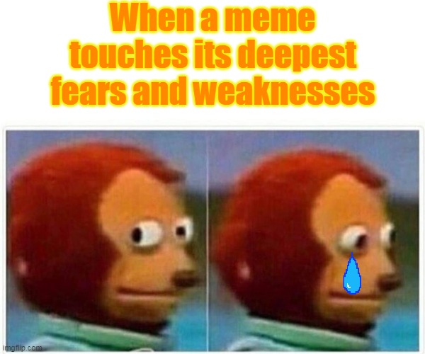 Monkey Puppet Meme | When a meme touches its deepest fears and weaknesses | image tagged in memes,monkey puppet,fear,funny,funny memes,weakness | made w/ Imgflip meme maker