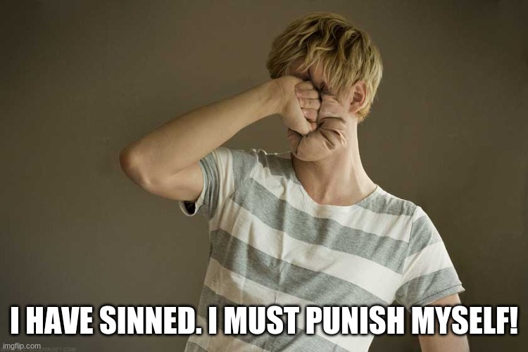 Punching Yourself In The Face | I HAVE SINNED. I MUST PUNISH MYSELF! | image tagged in punching yourself in the face | made w/ Imgflip meme maker