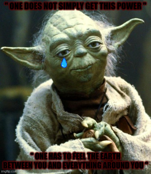 Star Wars Yoda Meme | " ONE DOES NOT SIMPLY GET THIS POWER "; " ONE HAS TO FEEL THE EARTH BETWEEN YOU AND EVERYTHING AROUND YOU " | image tagged in memes,star wars yoda | made w/ Imgflip meme maker