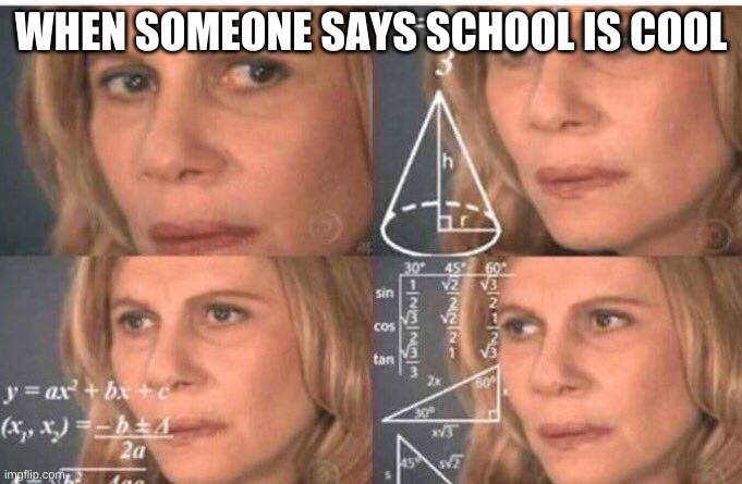 school is not cool | WHEN SOMEONE SAYS SCHOOL IS COOL | image tagged in math lady/confused lady | made w/ Imgflip meme maker