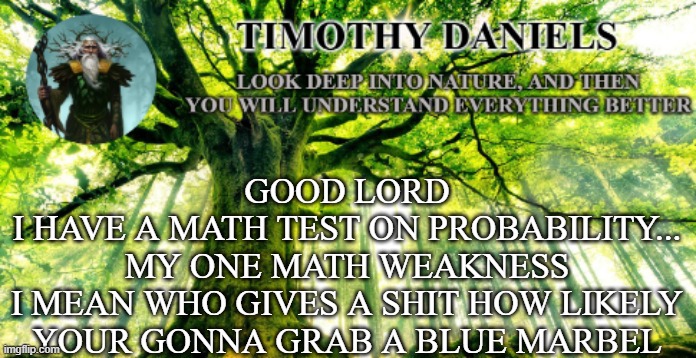 nature template | GOOD LORD
I HAVE A MATH TEST ON PROBABILITY...
MY ONE MATH WEAKNESS
I MEAN WHO GIVES A SHIT HOW LIKELY YOUR GONNA GRAB A BLUE MARBEL | image tagged in nature template | made w/ Imgflip meme maker